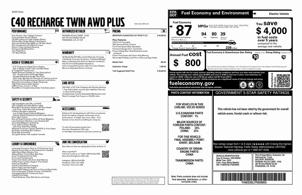 Used 2023 Volvo C40 Plus with VIN YV4ED3GL7P2039935 for sale in Phoenix, AZ