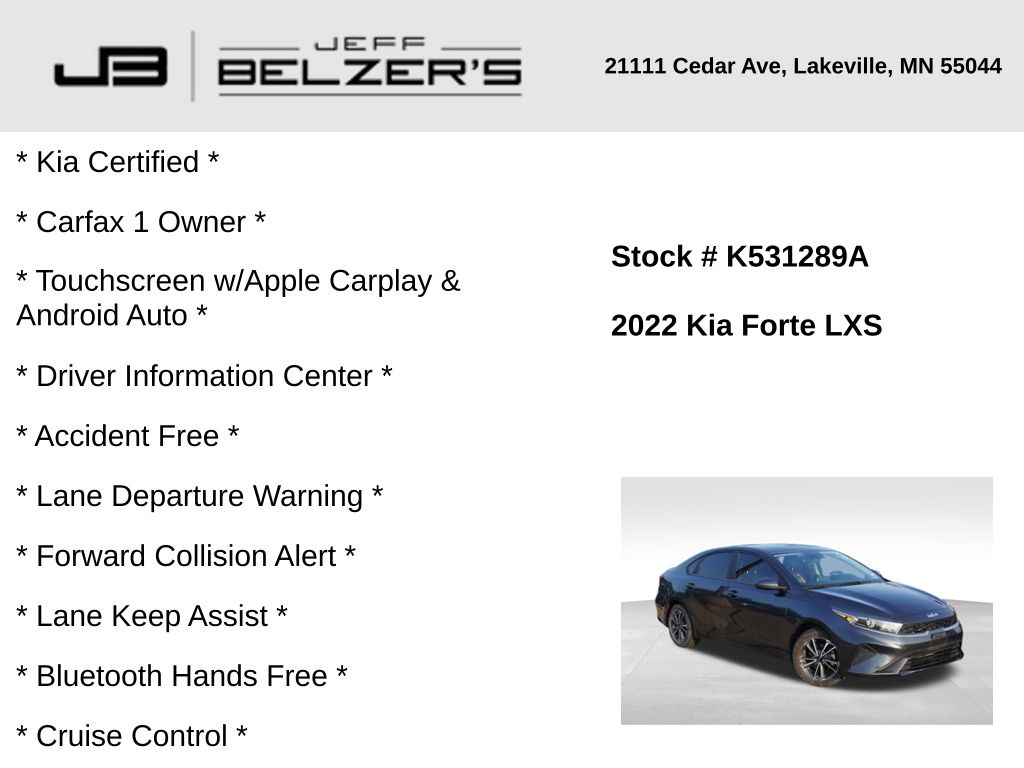 Used 2022 Kia FORTE LXS with VIN 3KPF24AD8NE455416 for sale in Lakeville, MN