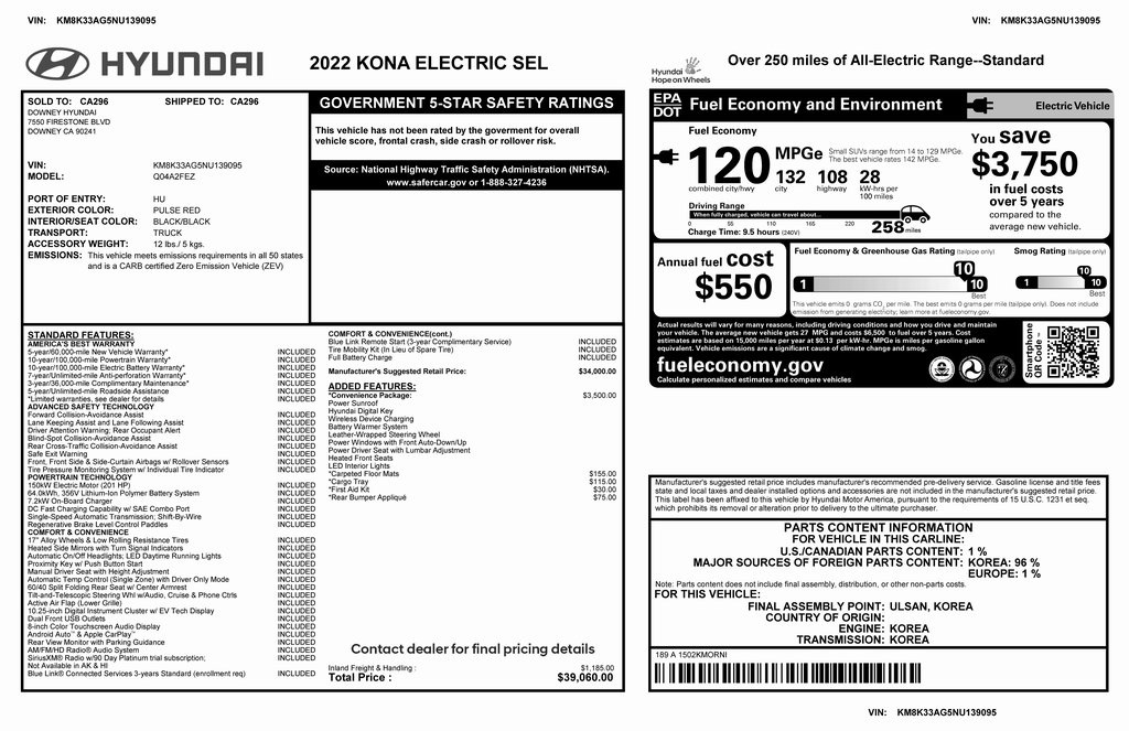 Used 2022 Hyundai Kona EV SEL with VIN KM8K33AG5NU139095 for sale in Phoenix, AZ