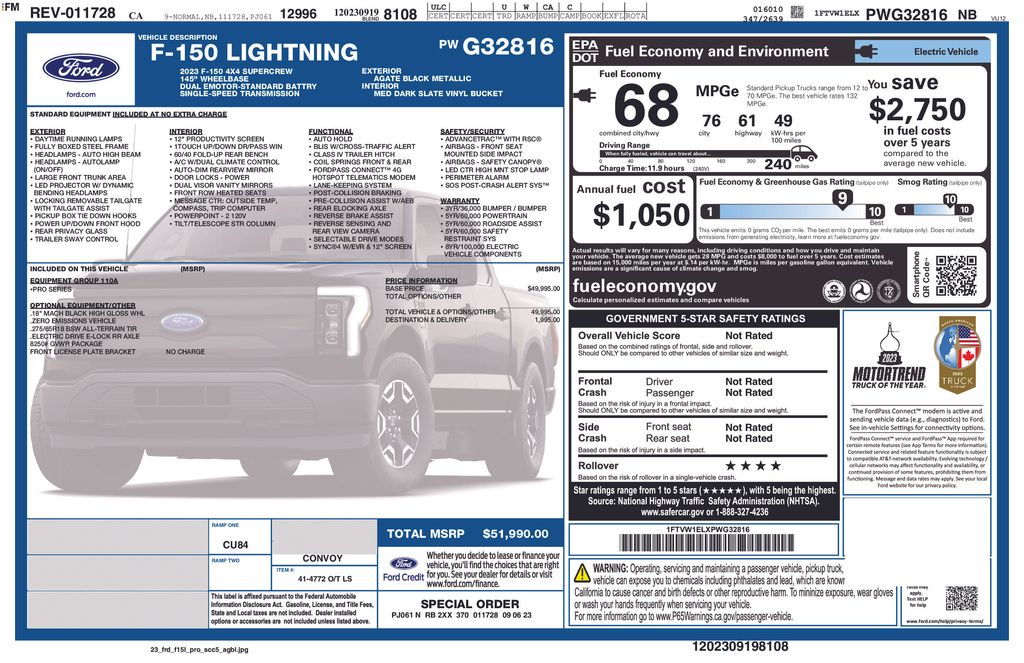 Used 2023 Ford F-150 Lightning Pro with VIN 1FTVW1ELXPWG32816 for sale in Carlsbad, CA