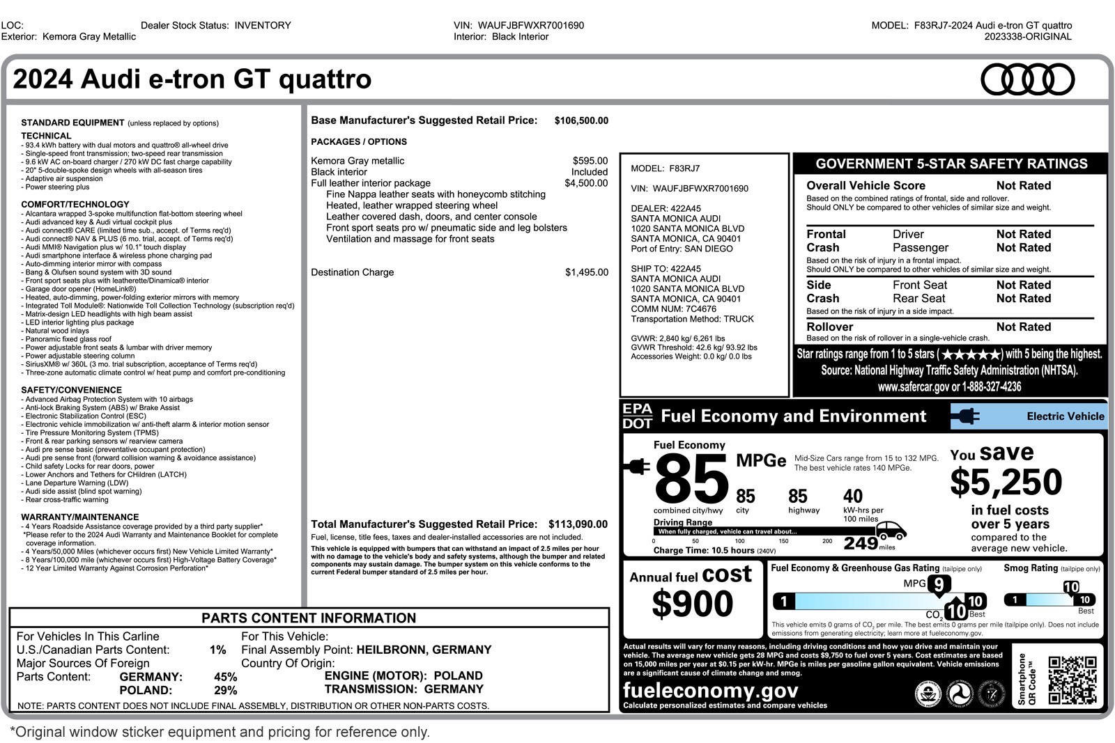 Used 2024 Audi e-tron GT Premium Plus with VIN WAUFJBFWXR7001690 for sale in Costa Mesa, CA