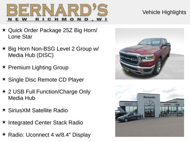 Used 2019 RAM Ram 1500 Pickup Big Horn/Lone Star with VIN 1C6SRFBT2KN512803 for sale in New Richmond, WI