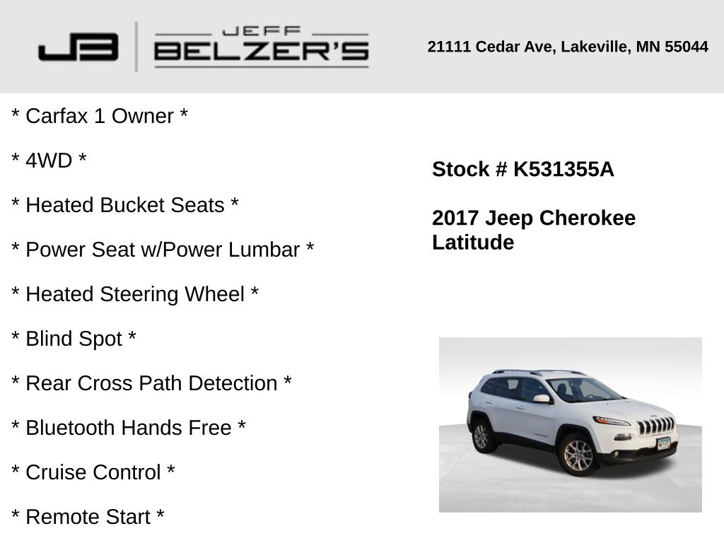 Used 2017 Jeep Cherokee Latitude with VIN 1C4PJMCS0HW636152 for sale in Lakeville, MN