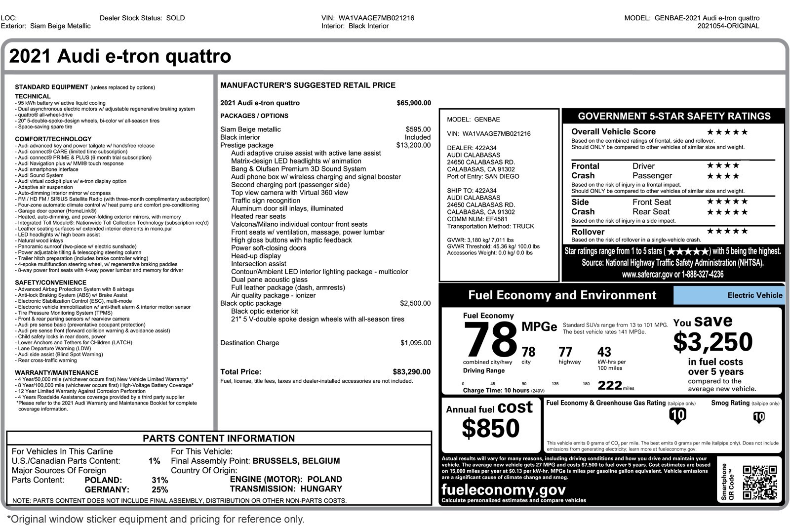 Used 2021 Audi e-tron Prestige with VIN WA1VAAGE7MB021216 for sale in Costa Mesa, CA