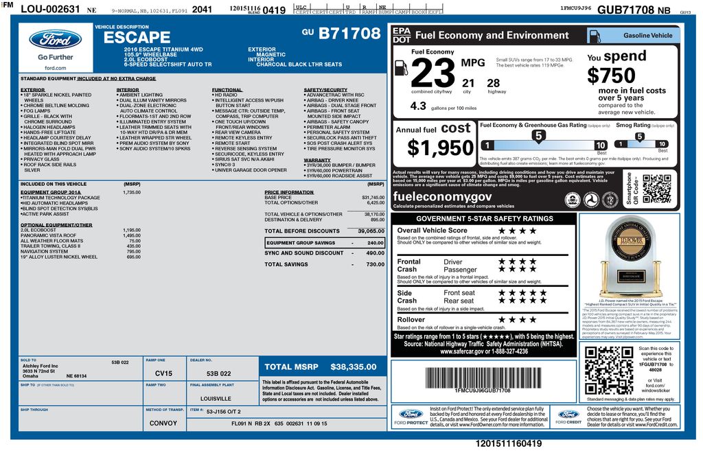 Used 2016 Ford Escape Titanium with VIN 1FMCU9J96GUB71708 for sale in Huron, SD