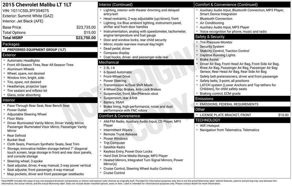 Used 2015 Chevrolet Malibu 1LT with VIN 1G11C5SL3FF354075 for sale in Atlantic, IA