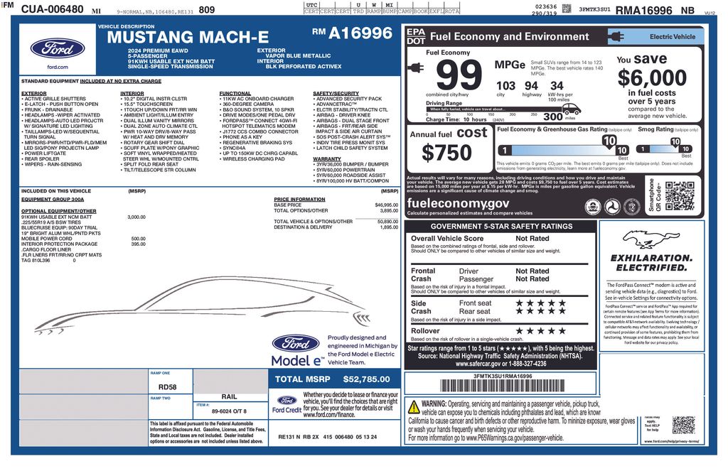 Certified 2024 Ford Mustang Mach-E Premium AWD with VIN 3FMTK3SU1RMA16996 for sale in New Smyrna Beach, FL