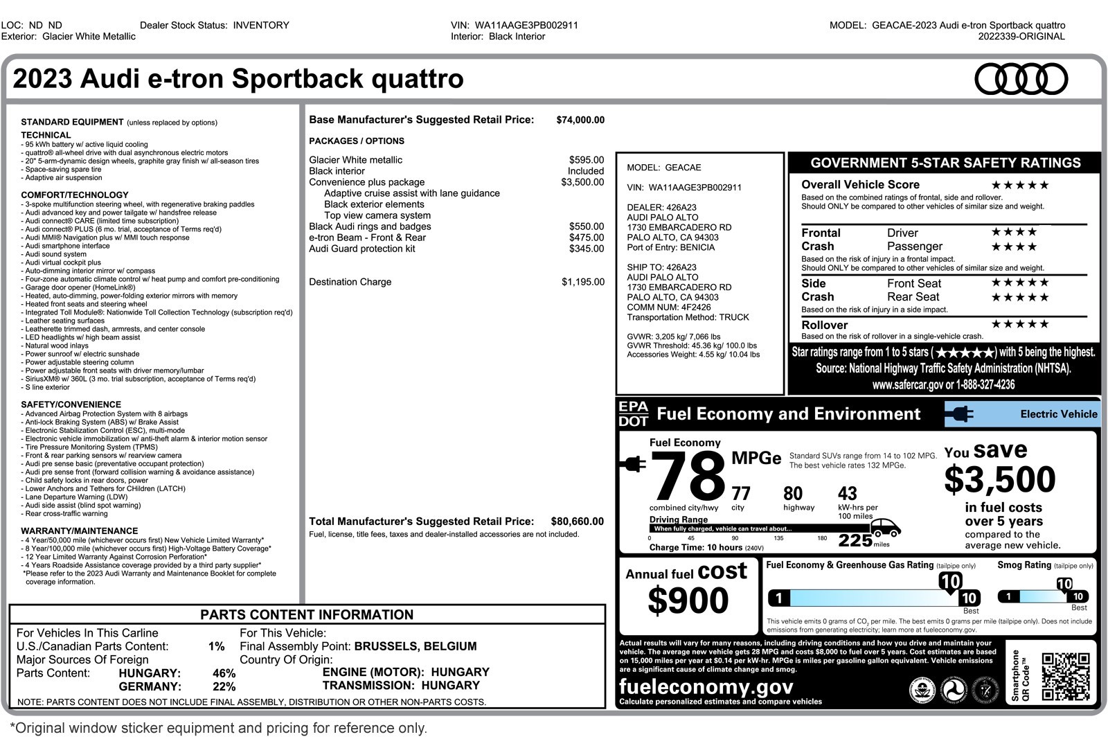 Used 2023 Audi e-tron Sportback Premium with VIN WA11AAGE3PB002911 for sale in Costa Mesa, CA