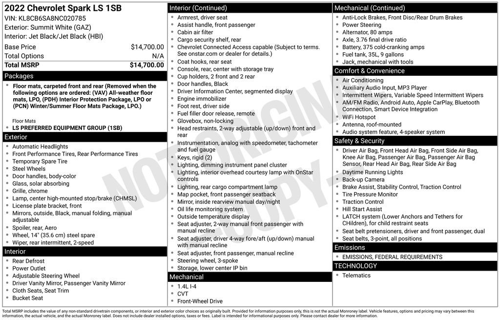 Used 2022 Chevrolet Spark LS with VIN KL8CB6SA8NC020785 for sale in Newton, IA
