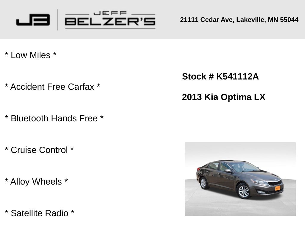 Used 2013 Kia Optima LX with VIN 5XXGM4A70DG203531 for sale in Lakeville, MN