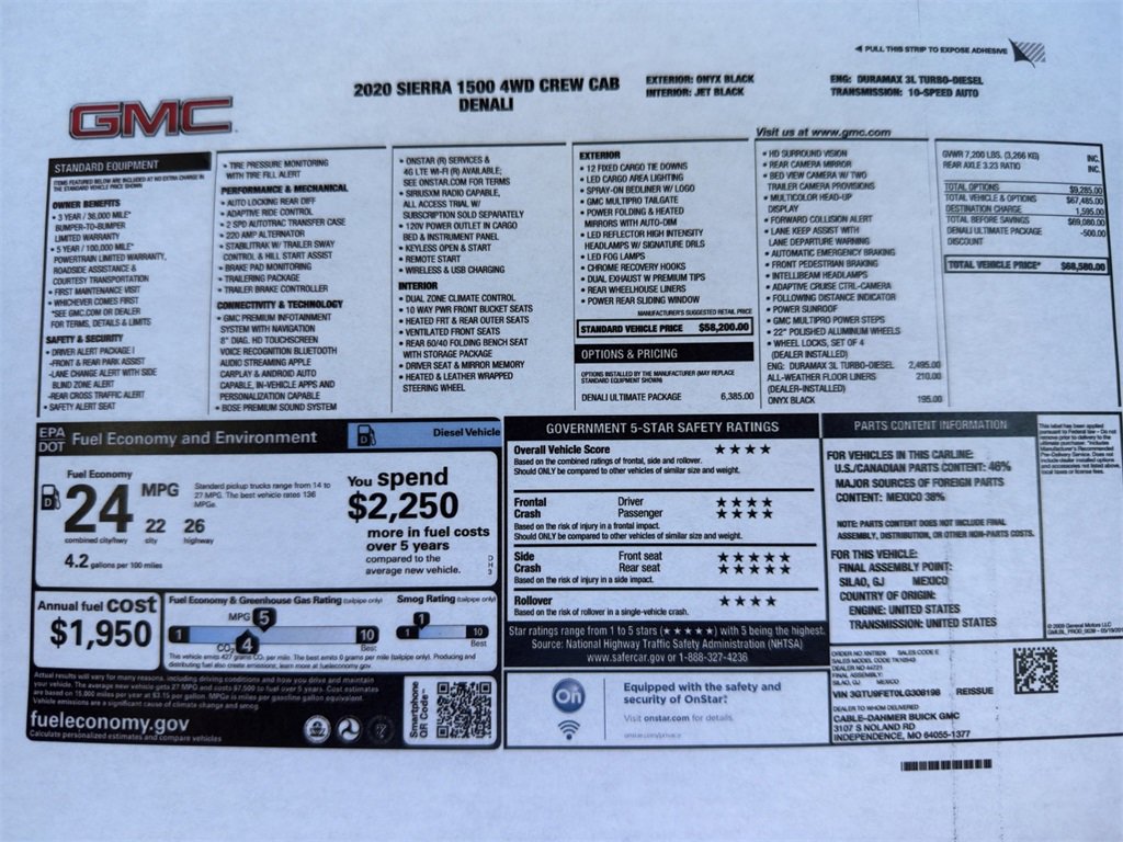 Used 2020 GMC Sierra 1500 Denali Denali with VIN 3GTU9FET0LG308198 for sale in Kansas City