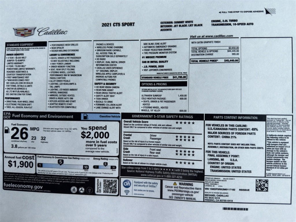 Used 2021 Cadillac CT5 Sport with VIN 1G6DP5RK2M0117182 for sale in Kansas City