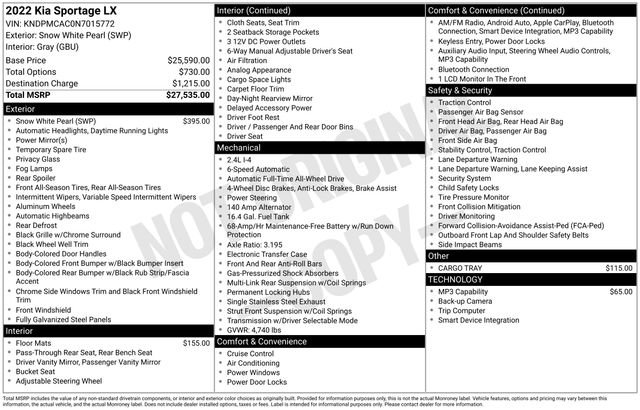 Used 2022 Kia Sportage LX with VIN KNDPMCAC0N7015772 for sale in Grove City, OH