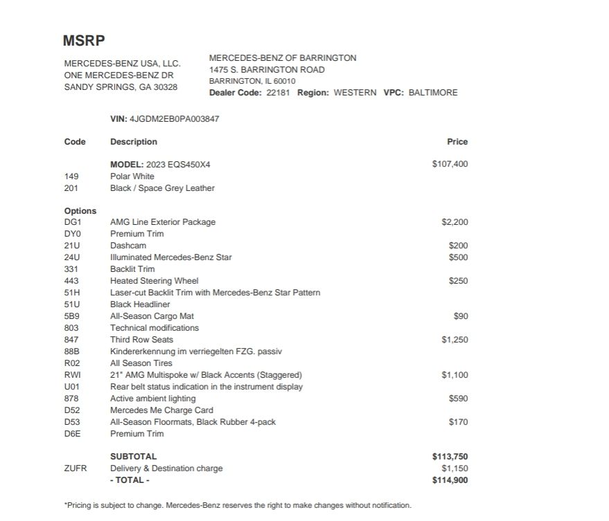 Used 2023 Mercedes-Benz EQS SUV Base with VIN 4JGDM2EB0PA003847 for sale in Barrington, IL