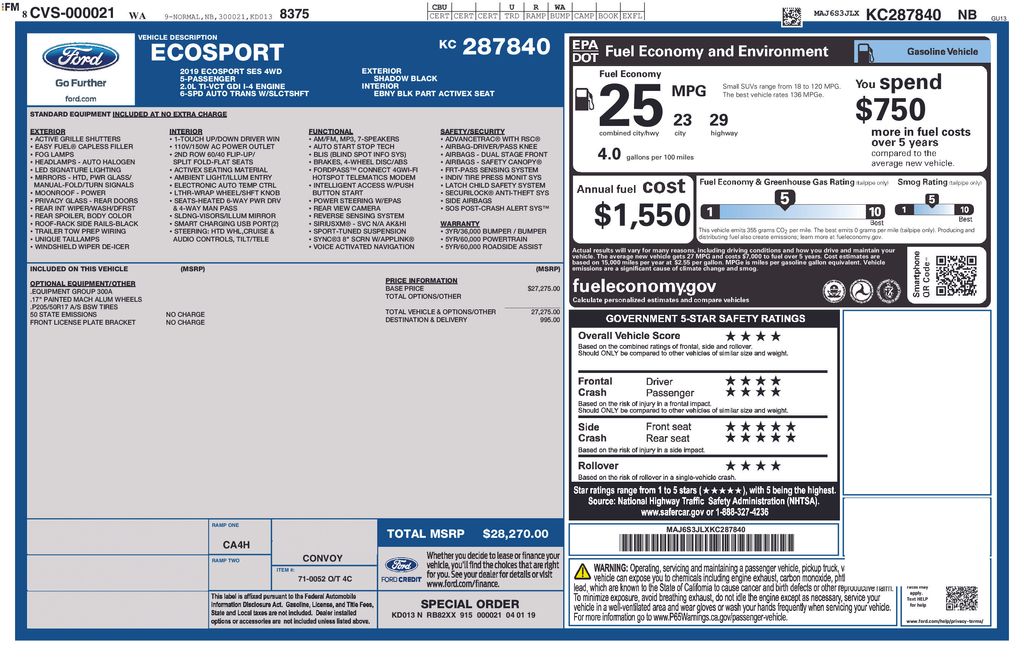 Used 2019 Ford Ecosport SES with VIN MAJ6S3JLXKC287840 for sale in Port Orchard, WA