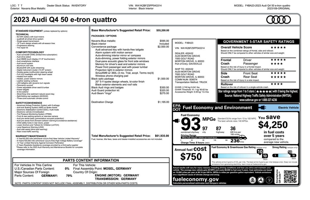Used 2023 Audi Q4 e-tron Premium with VIN WA1K2BFZ5PP043314 for sale in Tempe, AZ