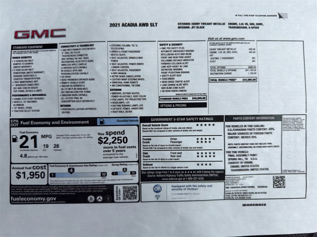 Used 2021 GMC Acadia SLT with VIN 1GKKNULS3MZ165495 for sale in Kansas City