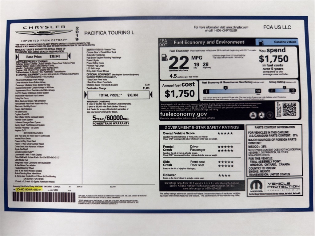 Used 2019 Chrysler Pacifica Touring L with VIN 2C4RC1BG8KR625219 for sale in Kansas City