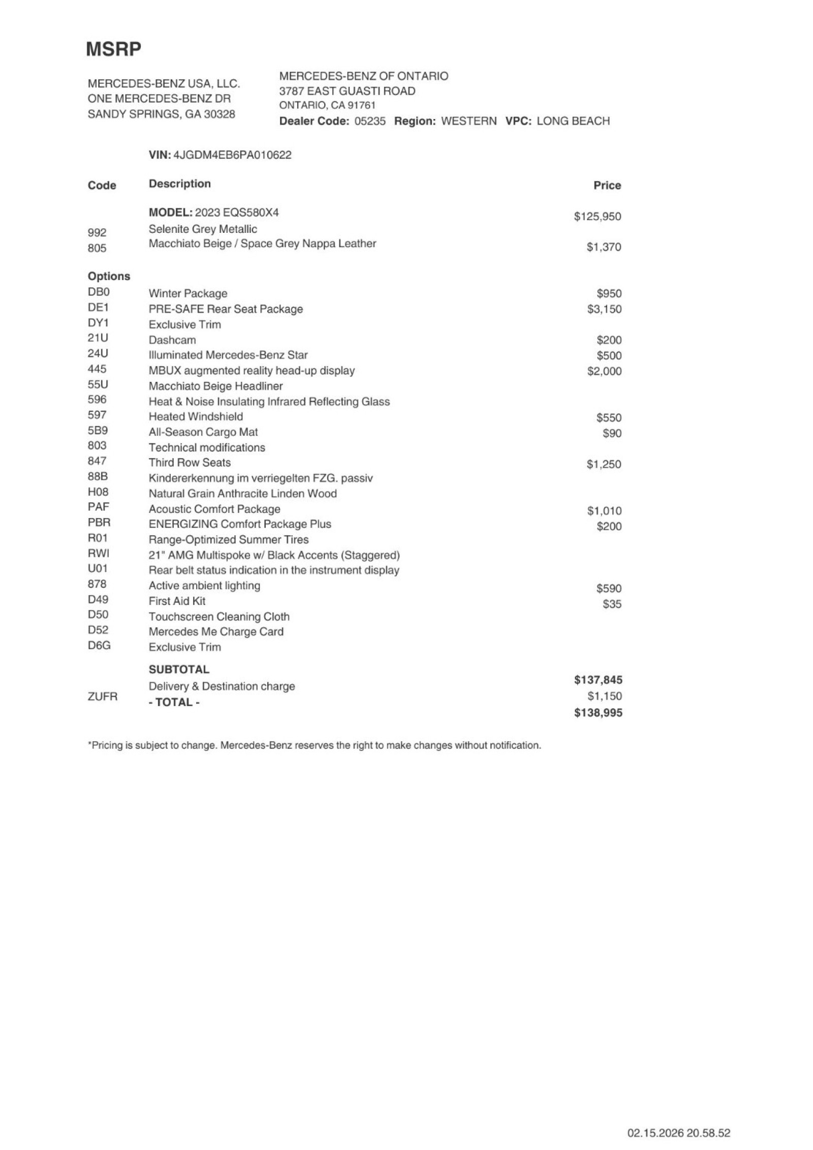 Certified 2023 Mercedes-Benz EQS SUV Base with VIN 4JGDM4EB6PA010622 for sale in Ontario, CA
