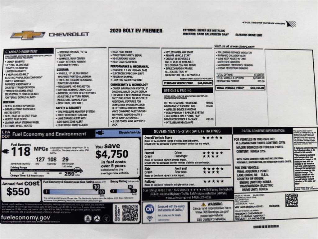 Used 2020 Chevrolet Bolt EV Premier with VIN 1G1FZ6S08L4135121 for sale in Kansas City