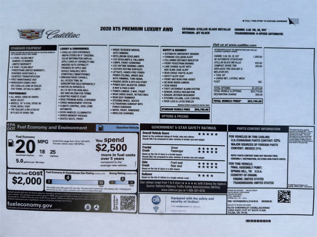 Used 2020 Cadillac XT5 Premium Luxury with VIN 1GYKNDRS1LZ191816 for sale in Kansas City