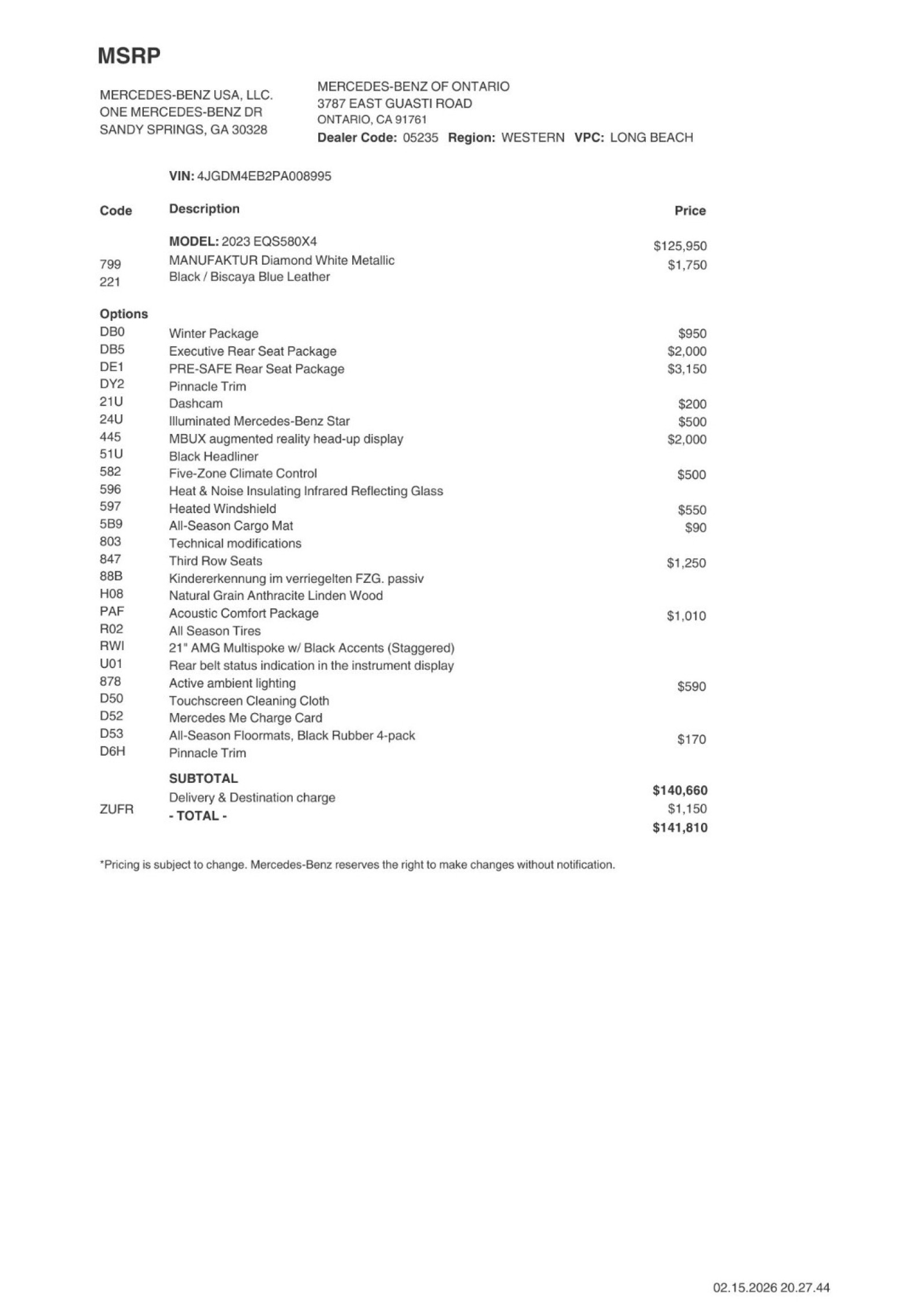 Certified 2023 Mercedes-Benz EQS SUV Base with VIN 4JGDM4EB2PA008995 for sale in Ontario, CA