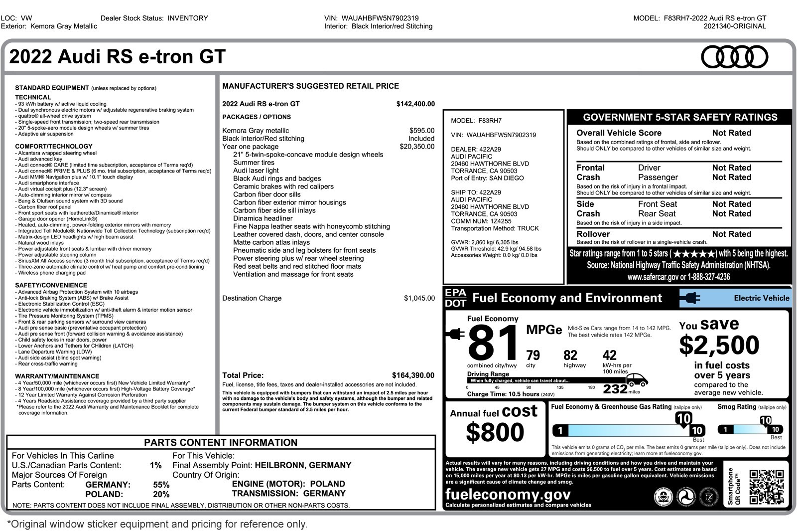 Used 2022 Audi RS e-tron GT Base with VIN WAUAHBFW5N7902319 for sale in Newport Beach, CA
