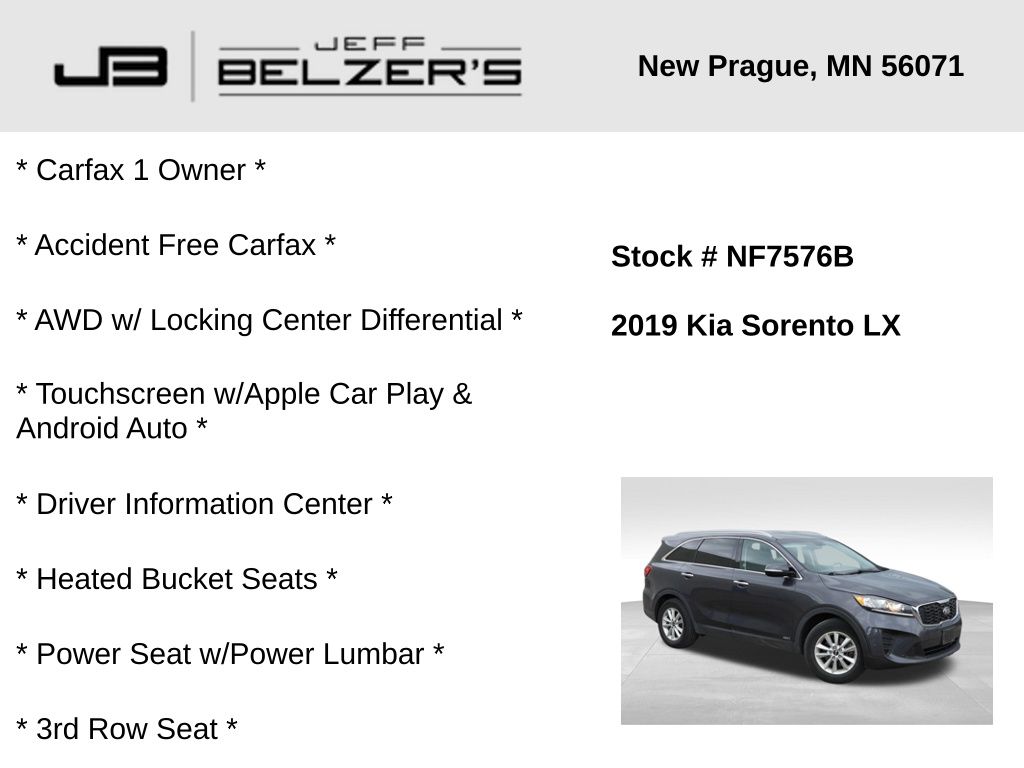 Used 2019 Kia Sorento LX with VIN 5XYPGDA35KG437581 for sale in New Prague, MN
