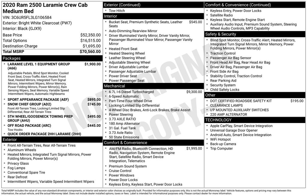 Used 2020 RAM Ram 2500 Pickup Laramie with VIN 3C6UR5FL3LG106584 for sale in Elk River, Minnesota