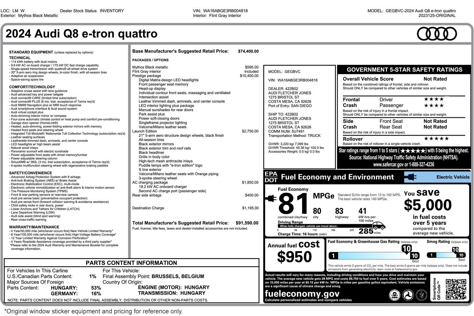 Used 2024 Audi Q8 e-tron Prestige with VIN WA16ABGE3RB004818 for sale in Costa Mesa, CA