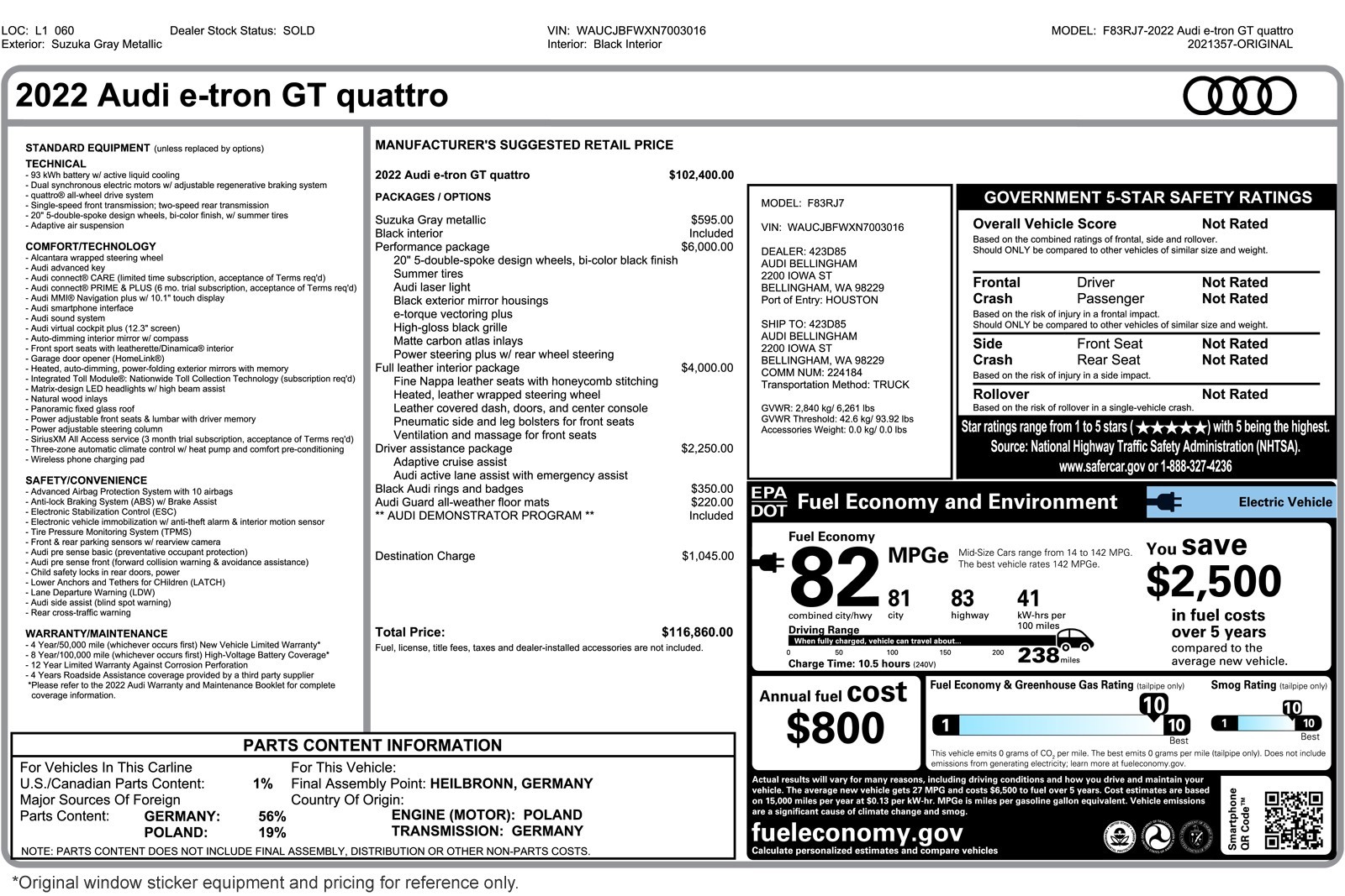 Used 2022 Audi e-tron GT Premium Plus with VIN WAUCJBFWXN7003016 for sale in Costa Mesa, CA