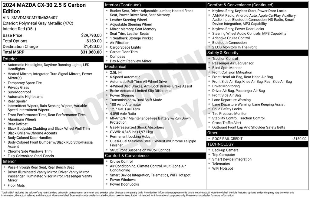 Used 2024 Mazda CX-30 Carbon Edition with VIN 3MVDMBCM7RM636407 for sale in Elk River, Minnesota