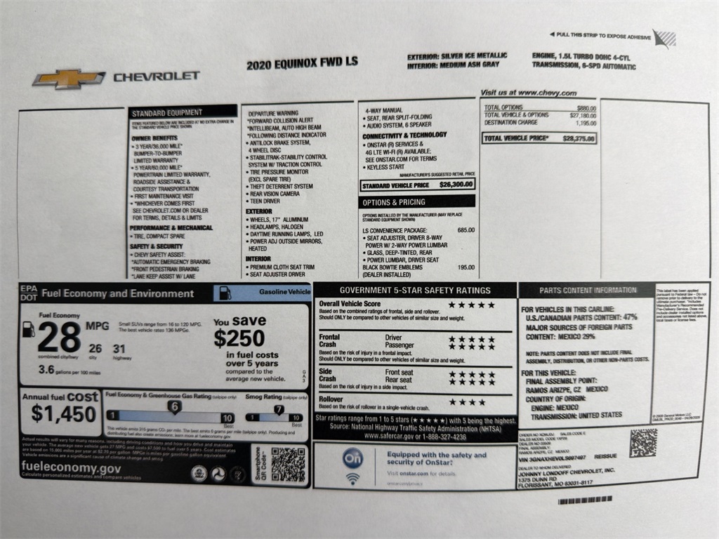 Used 2020 Chevrolet Equinox LS with VIN 3GNAXHEV0LS697497 for sale in Kansas City