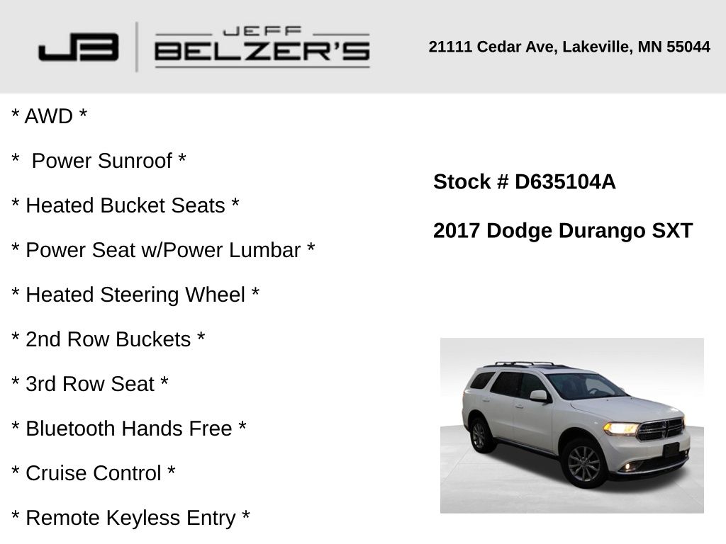 Used 2017 Dodge Durango SXT Plus with VIN 1C4RDJAG1HC601344 for sale in Lakeville, MN