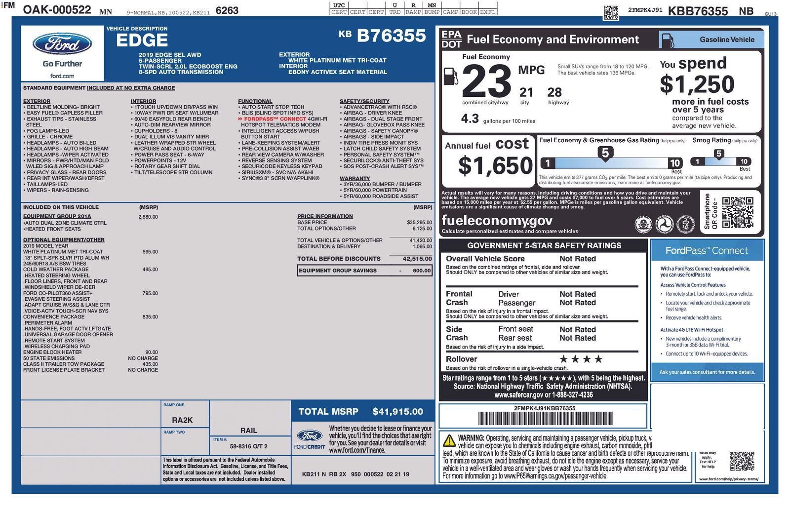 Used 2019 Ford Edge SEL with VIN 2FMPK4J91KBB76355 for sale in Baxter, Minnesota