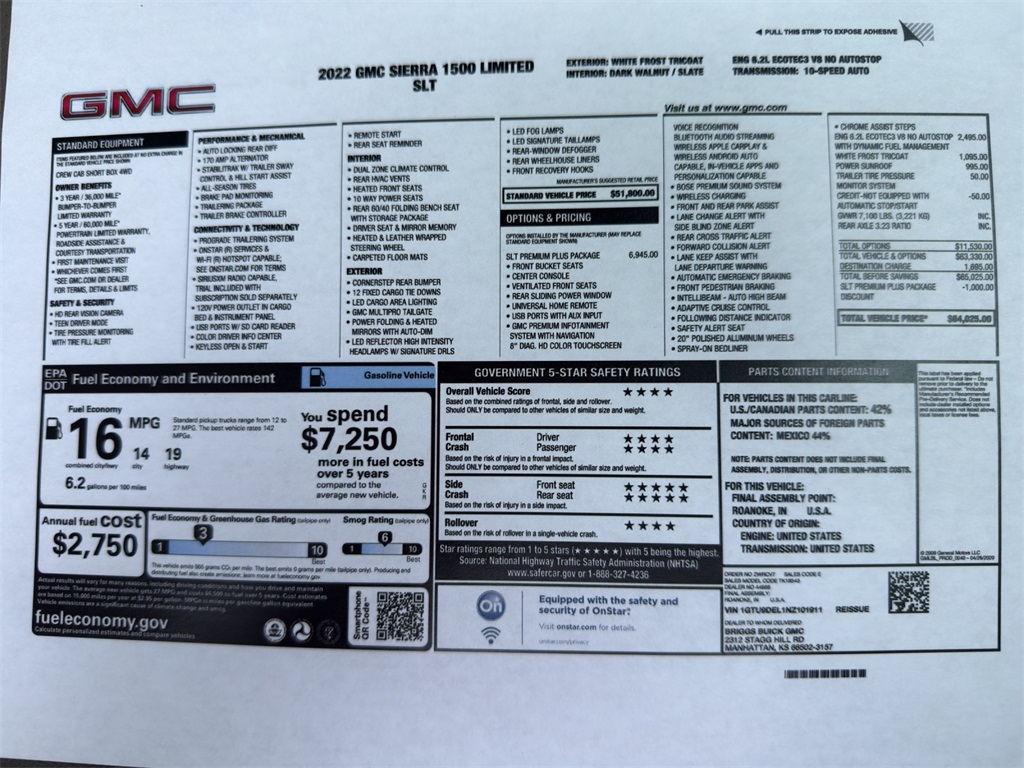 Used 2022 GMC Sierra 1500 Limited SLT with VIN 1GTU9DEL1NZ101911 for sale in Kansas City