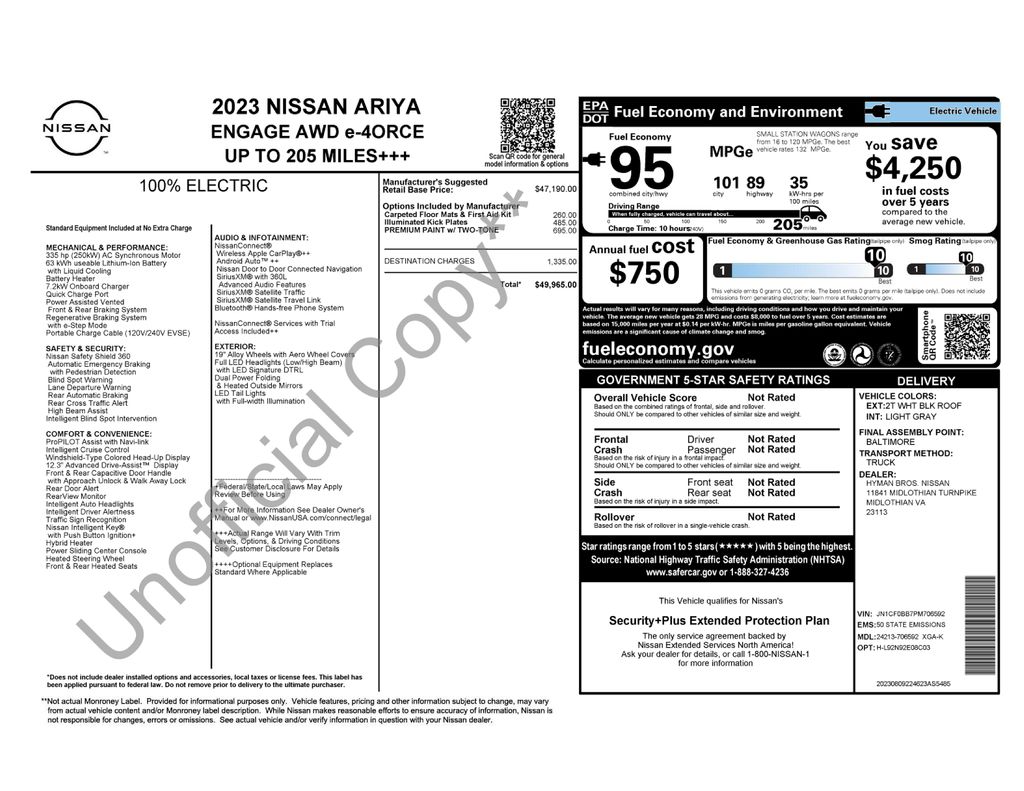 Used 2023 Nissan Ariya Engage with VIN JN1CF0BB7PM706592 for sale in Christiansburg, VA