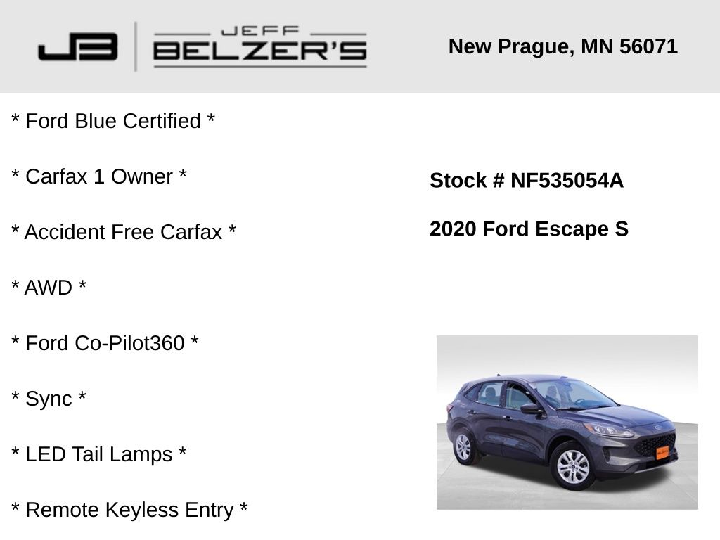 Certified 2020 Ford Escape S with VIN 1FMCU9F61LUA62663 for sale in New Prague, MN