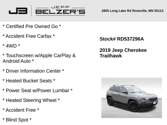 Used 2019 Jeep Cherokee Trailhawk with VIN 1C4PJMBX4KD364253 for sale in Lakeville, MN