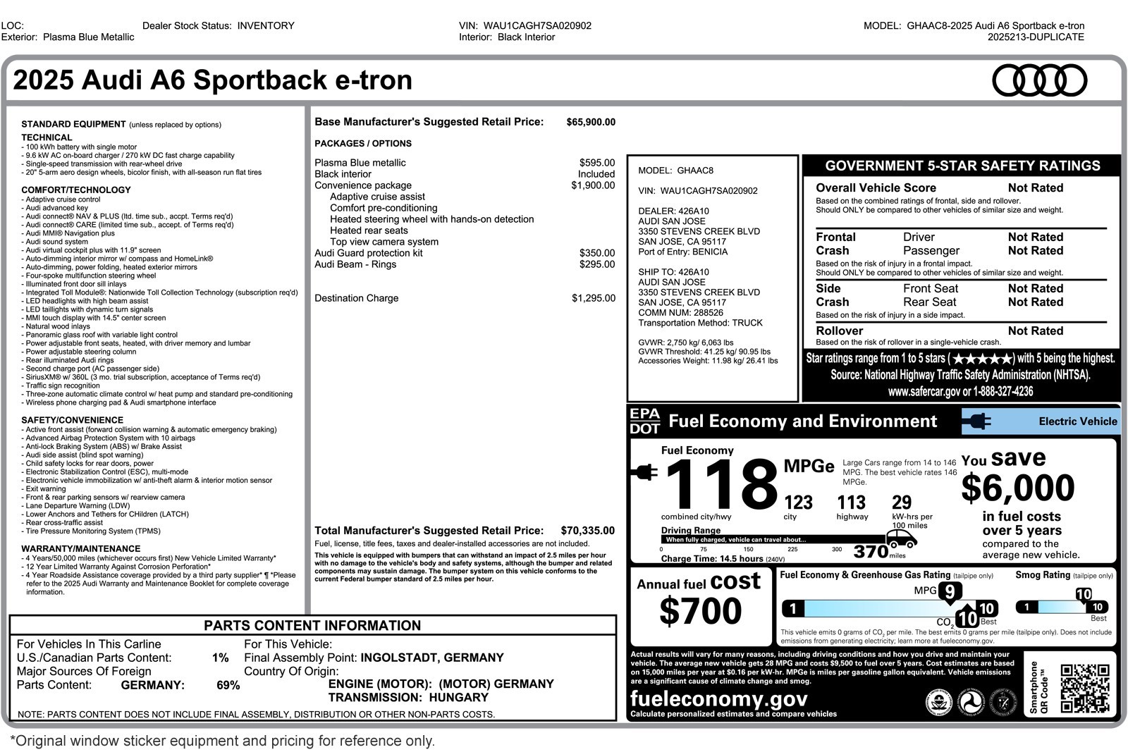 Used 2025 Audi A6 Sportback e-tron Premium with VIN WAU1CAGH7SA020902 for sale in Costa Mesa, CA