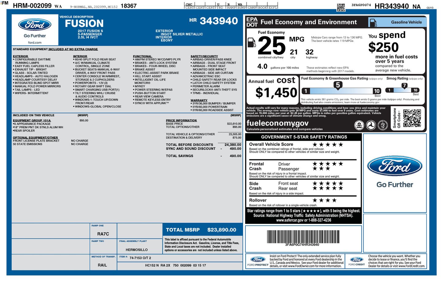 Used 2017 Ford Fusion S with VIN 3FA6P0G74HR343940 for sale in Union Gap, WA