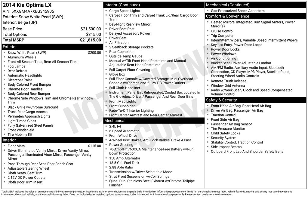 Used 2014 Kia Optima LX with VIN 5XXGM4A7XEG345905 for sale in Columbus, NE