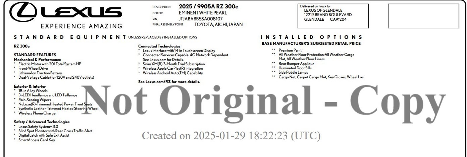 Used 2025 Lexus RZ Base with VIN JTJABABB5SA008107 for sale in Cerritos, CA