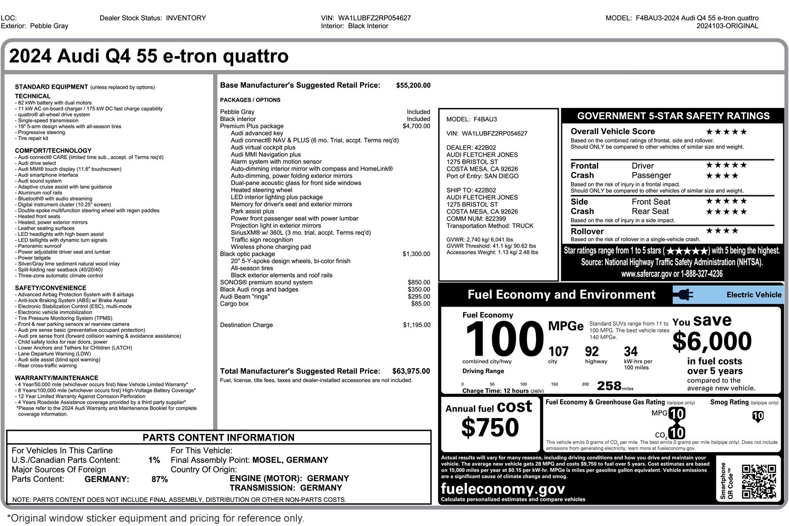 Used 2024 Audi Q4 e-tron Premium Plus with VIN WA1LUBFZ2RP054627 for sale in Costa Mesa, CA