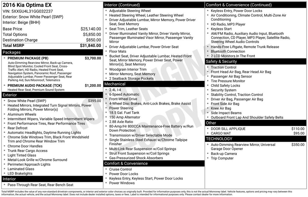 Used 2016 Kia Optima EX with VIN 5XXGU4L31GG032237 for sale in Carlsbad, CA