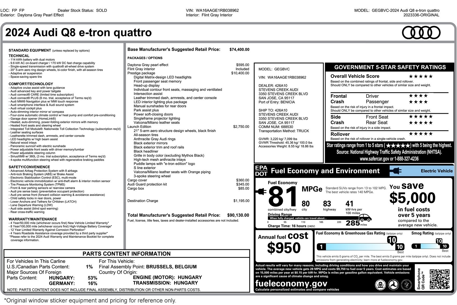 Used 2024 Audi Q8 e-tron Prestige with VIN WA16AAGE1RB038962 for sale in Costa Mesa, CA