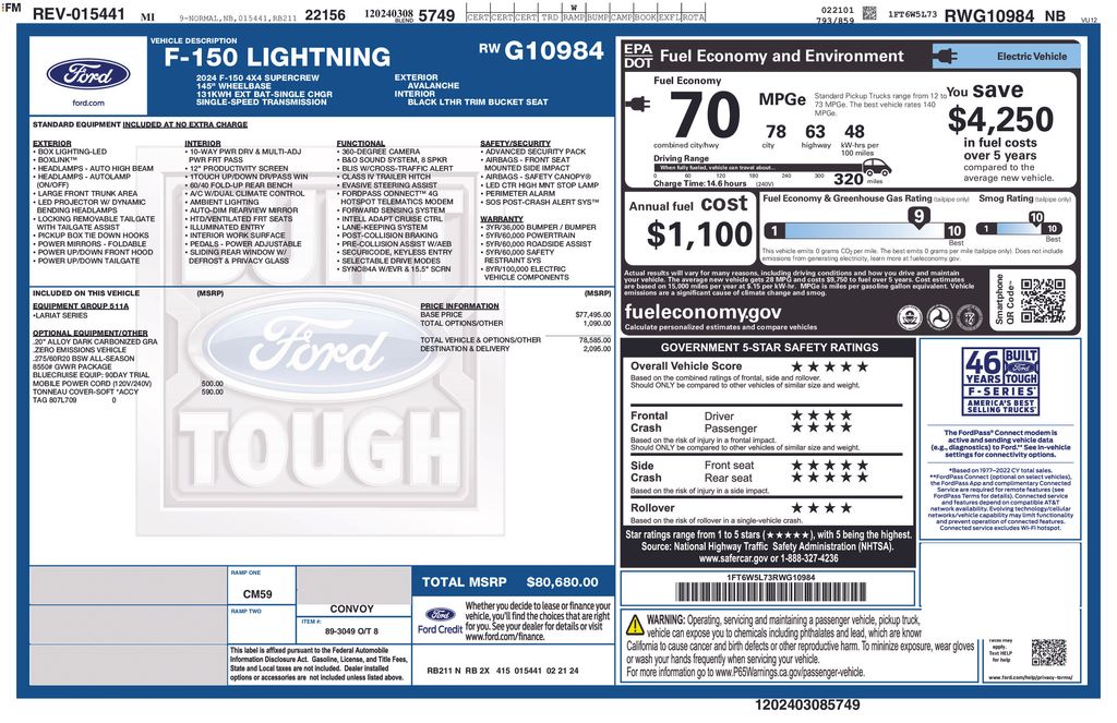 Used 2024 Ford F-150 Lightning Lariat with VIN 1FT6W5L73RWG10984 for sale in New Smyrna Beach, FL