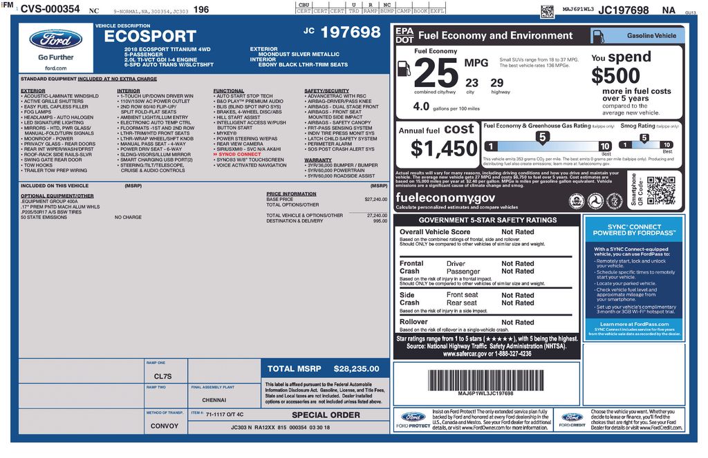 Certified 2018 Ford Ecosport Titanium with VIN MAJ6P1WL3JC197698 for sale in New Smyrna Beach, FL