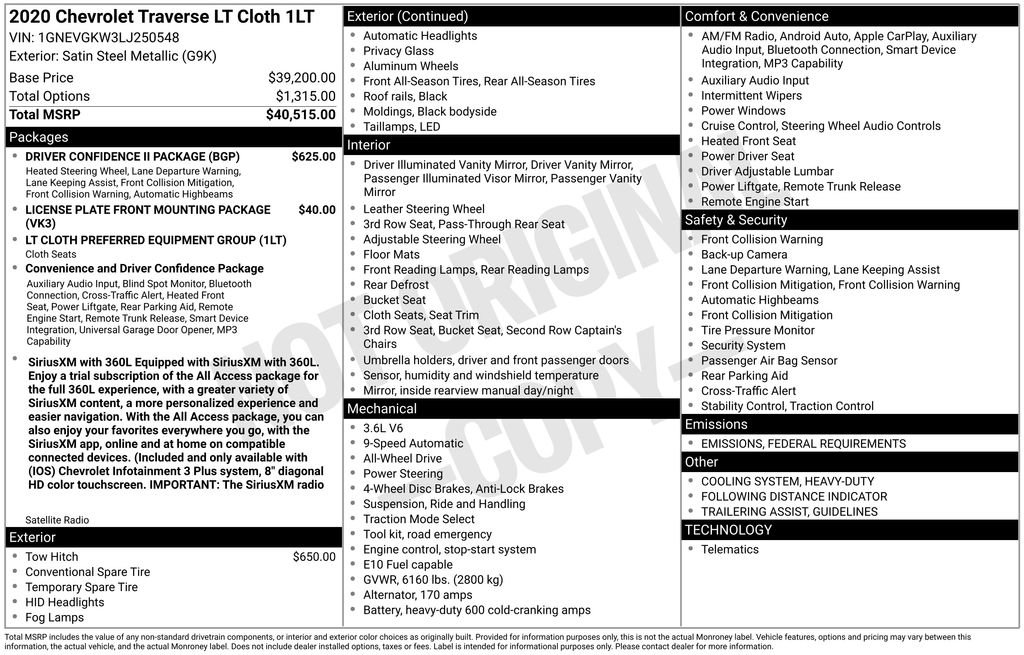 Used 2020 Chevrolet Traverse 1LT with VIN 1GNEVGKW3LJ250548 for sale in Indianola, IA