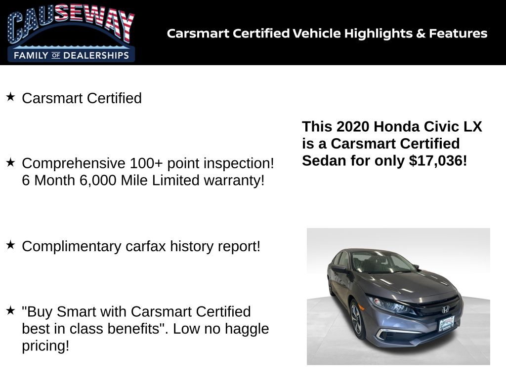 Certified 2020 Honda Civic LX with VIN 2HGFC2F65LH573230 for sale in Stafford Township, NJ